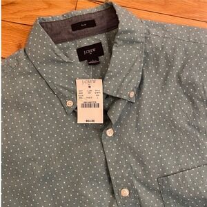 J.Crew Mens Slim Fit Short Sleeve Polka Dot Button Down Shirt Blue Green size  L